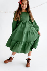 Tiered Long Sleeve Midi Dress in Myrtle Green