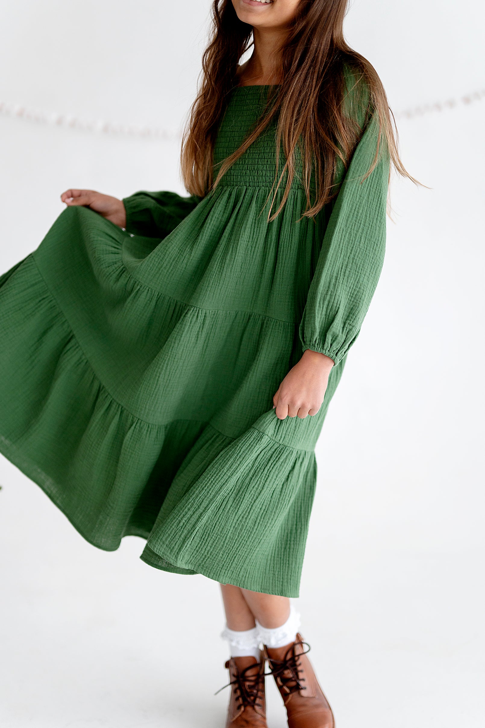 Tiered Long Sleeve Midi Dress in Myrtle Green