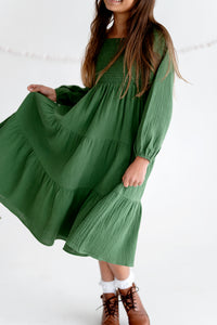 Tiered Long Sleeve Midi Dress in Myrtle Green