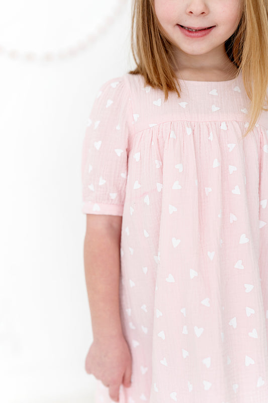 Short Button Sleeve Dress in Pink and White Hearts