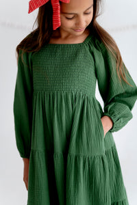Tiered Long Sleeve Midi Dress in Myrtle Green
