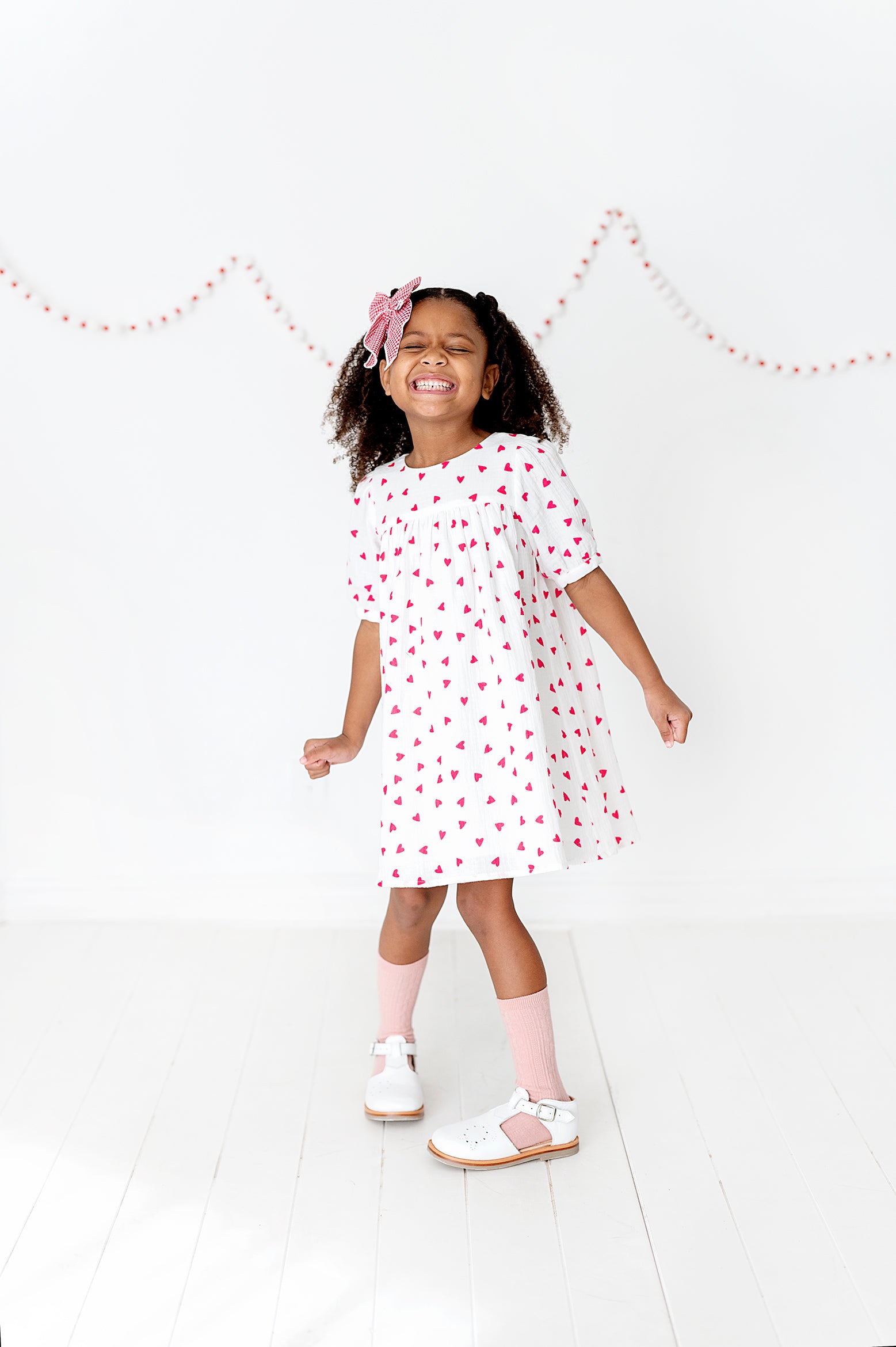 Short Button Sleeve Dress in Red and White Hearts