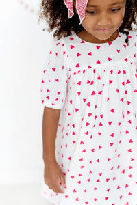 Short Button Sleeve Dress in Red and White Hearts