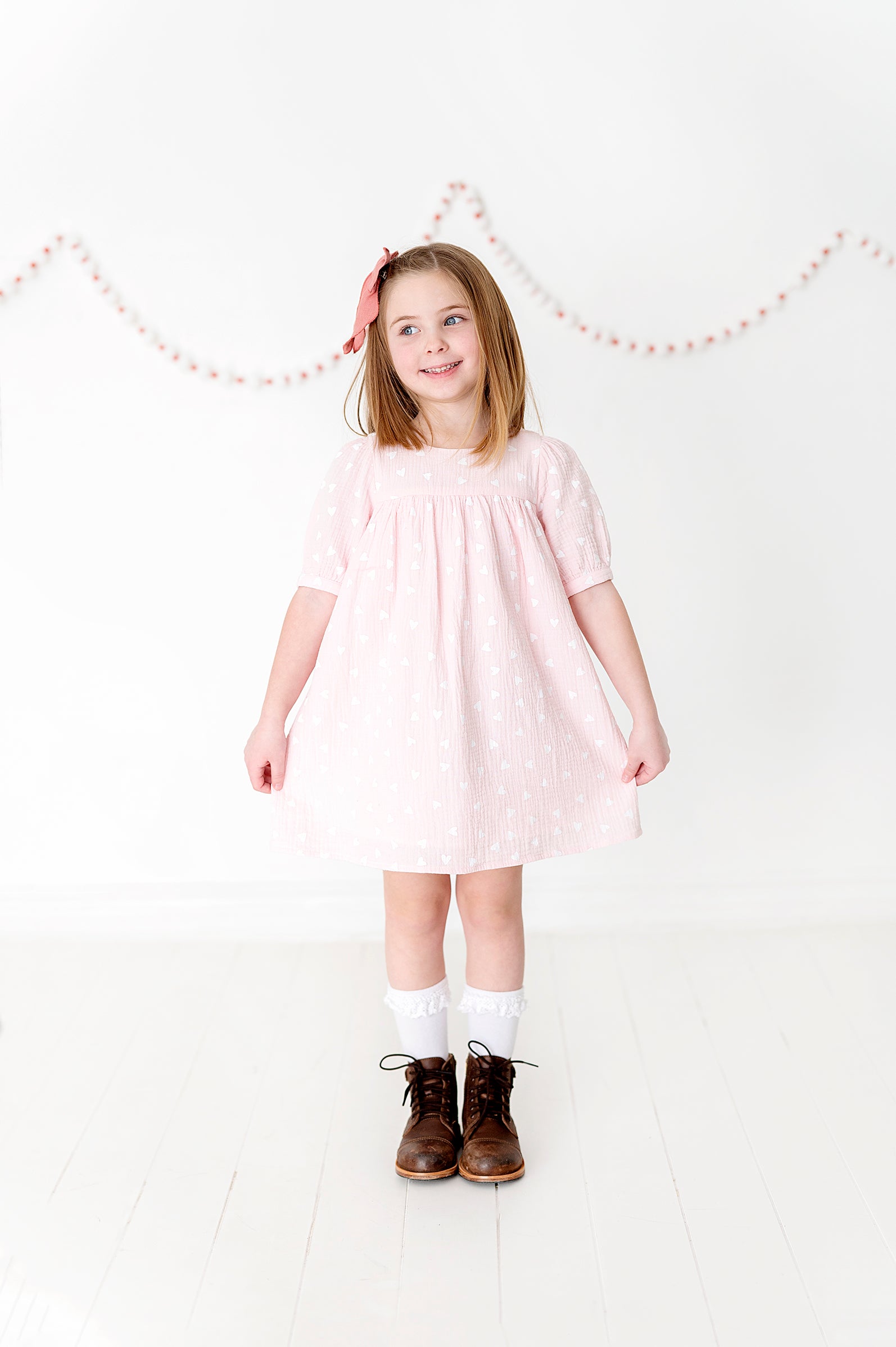 Short Button Sleeve Dress in Pink and White Hearts