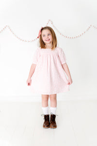 Short Button Sleeve Dress in Pink and White Hearts