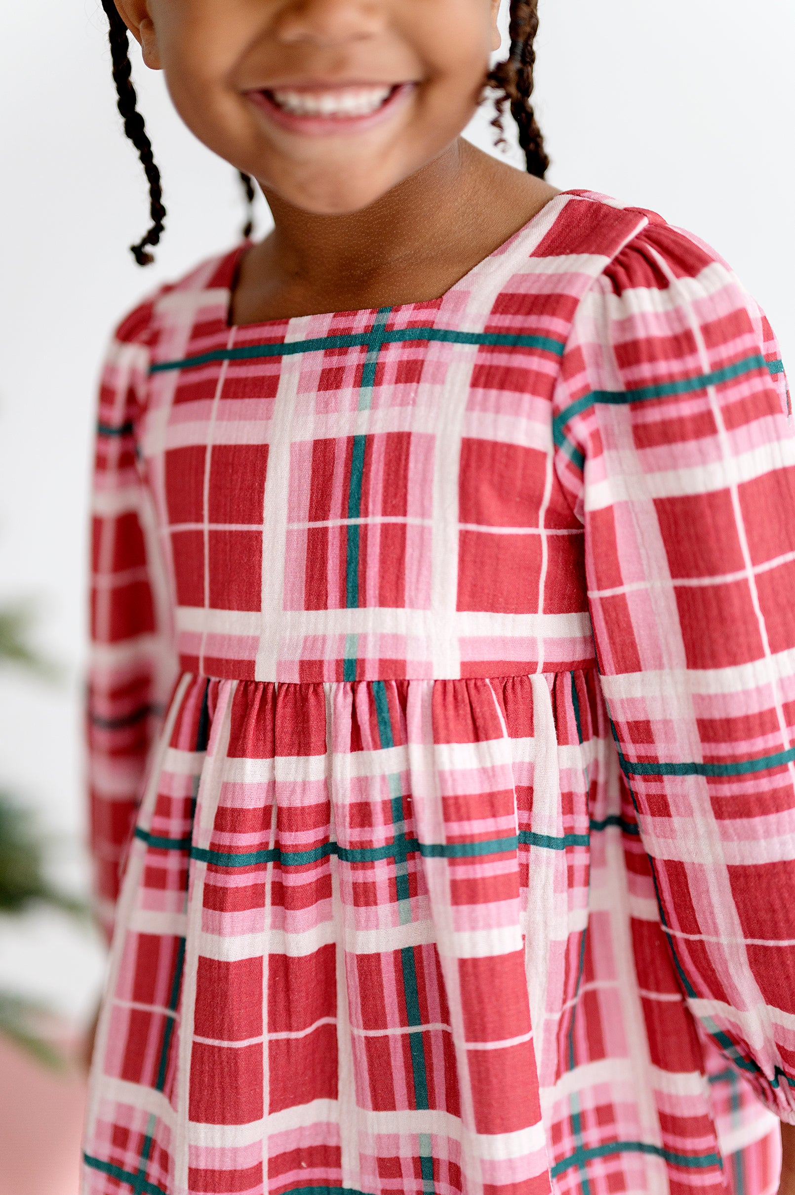 Empire Waist Long Sleeve Dress in Crimson Plaid