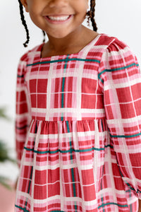 Empire Waist Long Sleeve Dress in Crimson Plaid