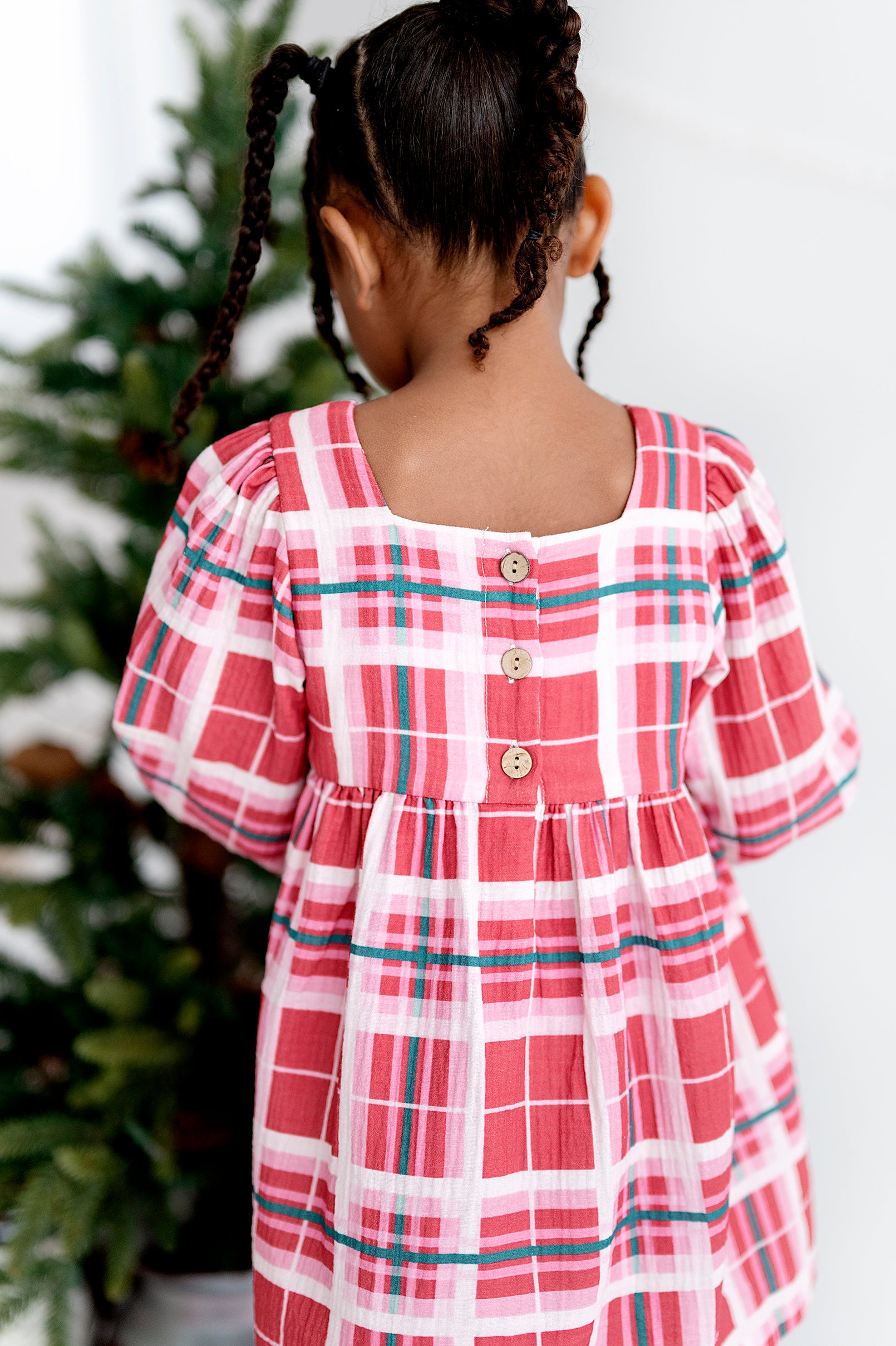 Empire Waist Long Sleeve Dress in Crimson Plaid