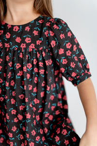 Short Button Sleeve Dress in Black Ditsy Floral