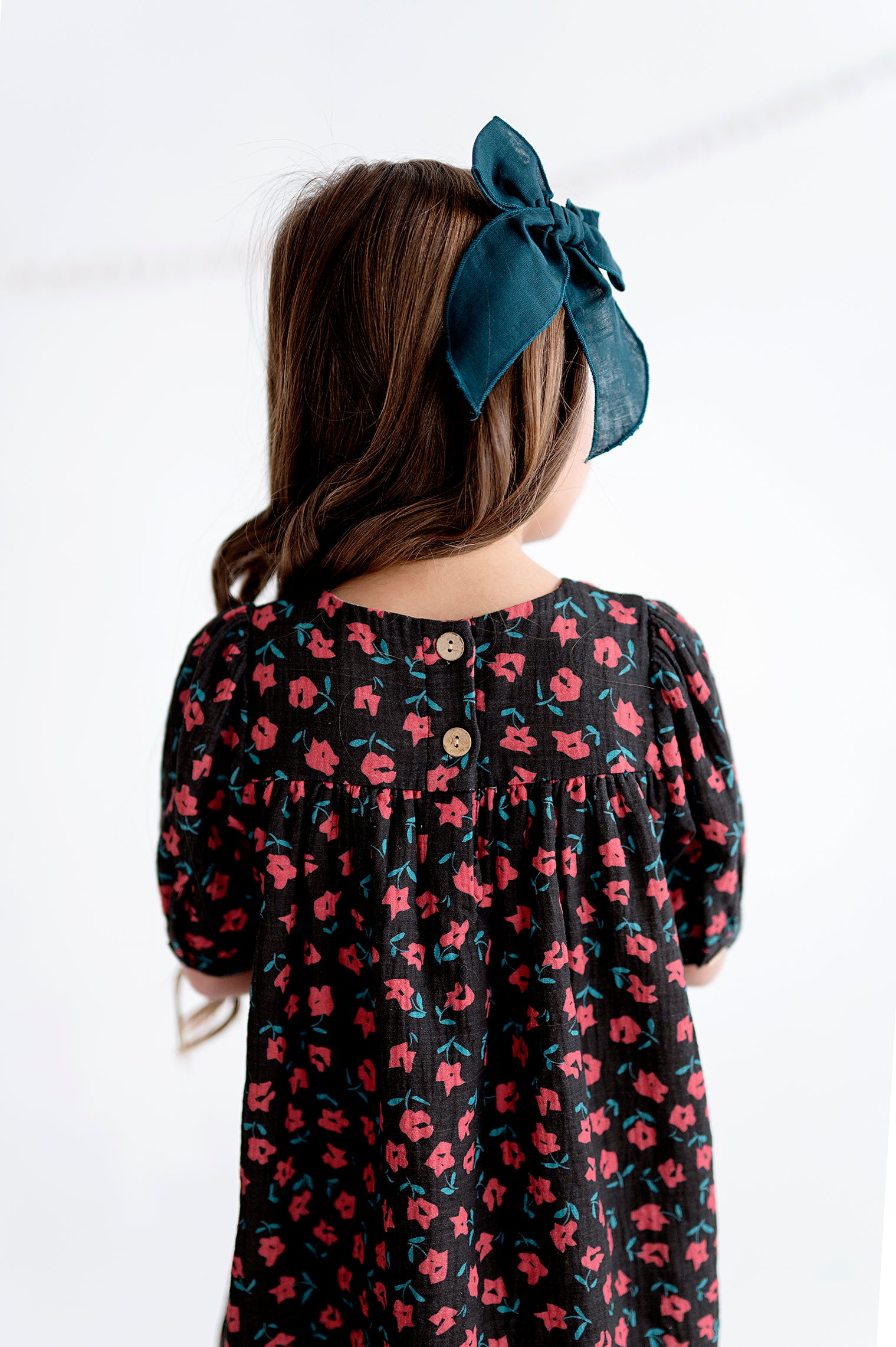 Short Button Sleeve Dress in Black Ditsy Floral