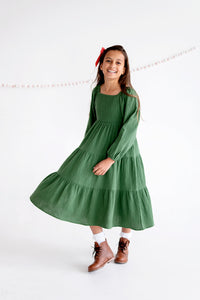 Tiered Long Sleeve Midi Dress in Myrtle Green