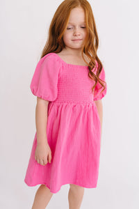 Short Puff Sleeve Smocked Twirly Dress in Azalea Pink