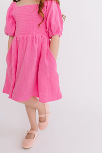 Short Puff Sleeve Smocked Twirly Dress in Azalea Pink