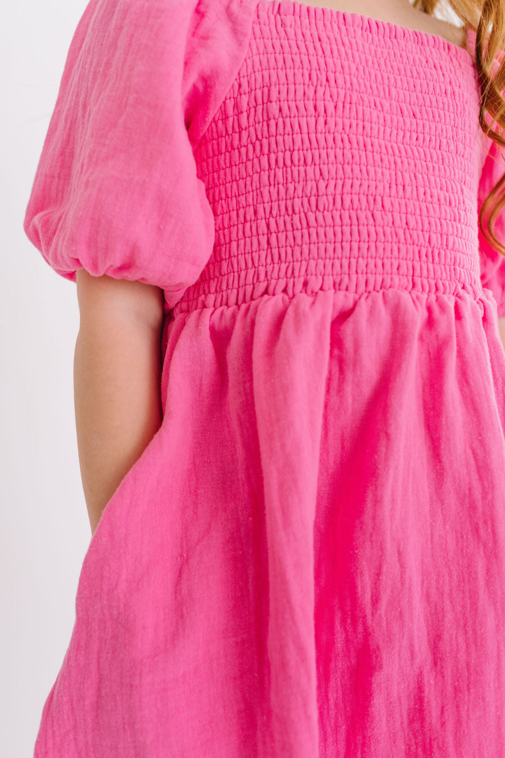 Short Puff Sleeve Smocked Twirly Dress in Azalea Pink
