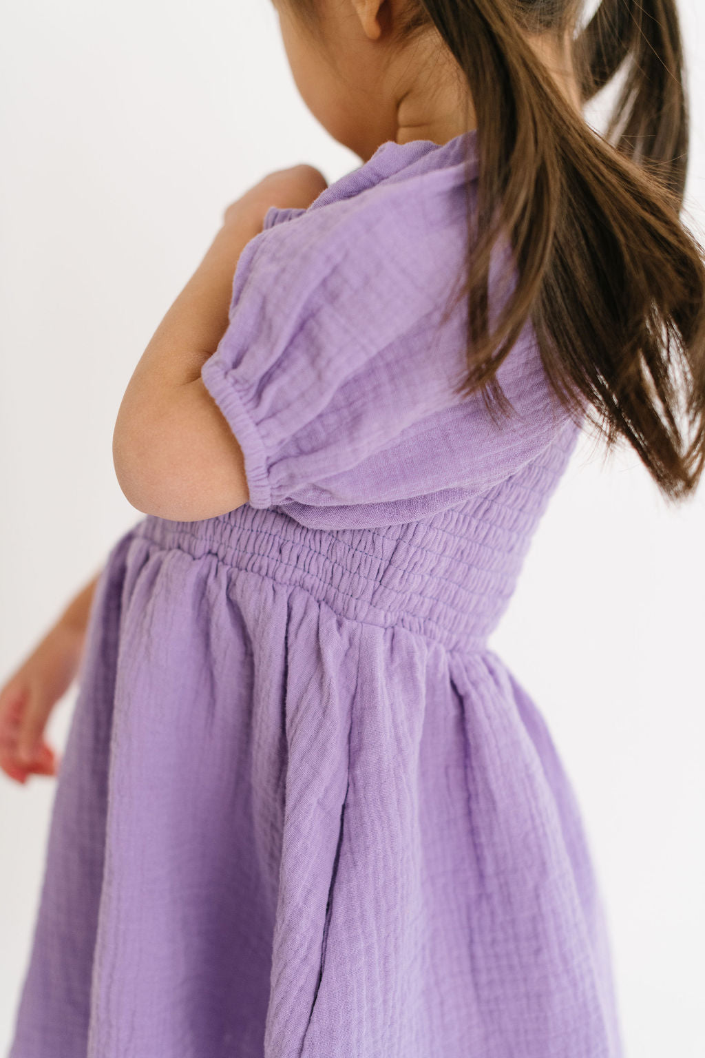 Short Puff Sleeve Smocked Twirly Dress in Lavender