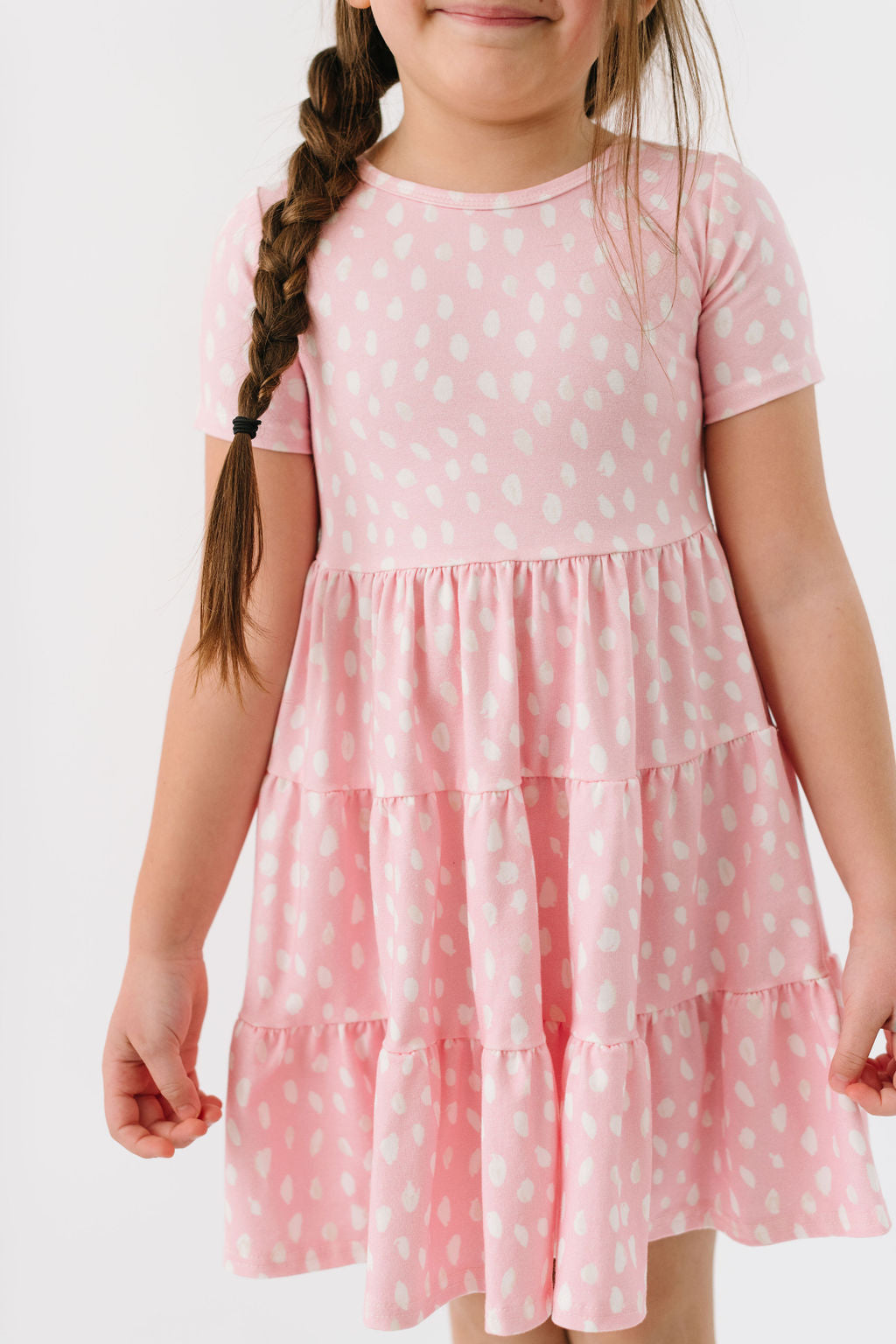 Painted Dots in Rose Shadow Short Sleeve Three Tier Twirly Dress