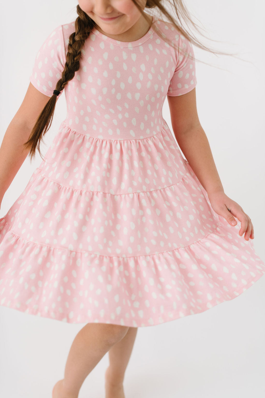 Painted Dots in Rose Shadow Short Sleeve Three Tier Twirly Dress