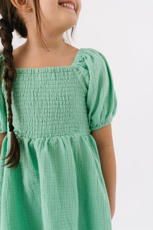 Short Puff Sleeve Smocked Twirly Dress in Ocean Wave