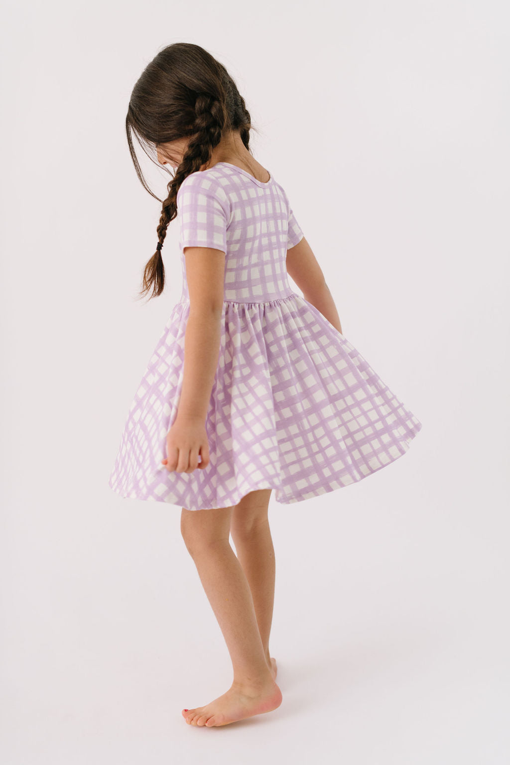 Lavender Watercolor Gingham Short Sleeve Twirly Dress
