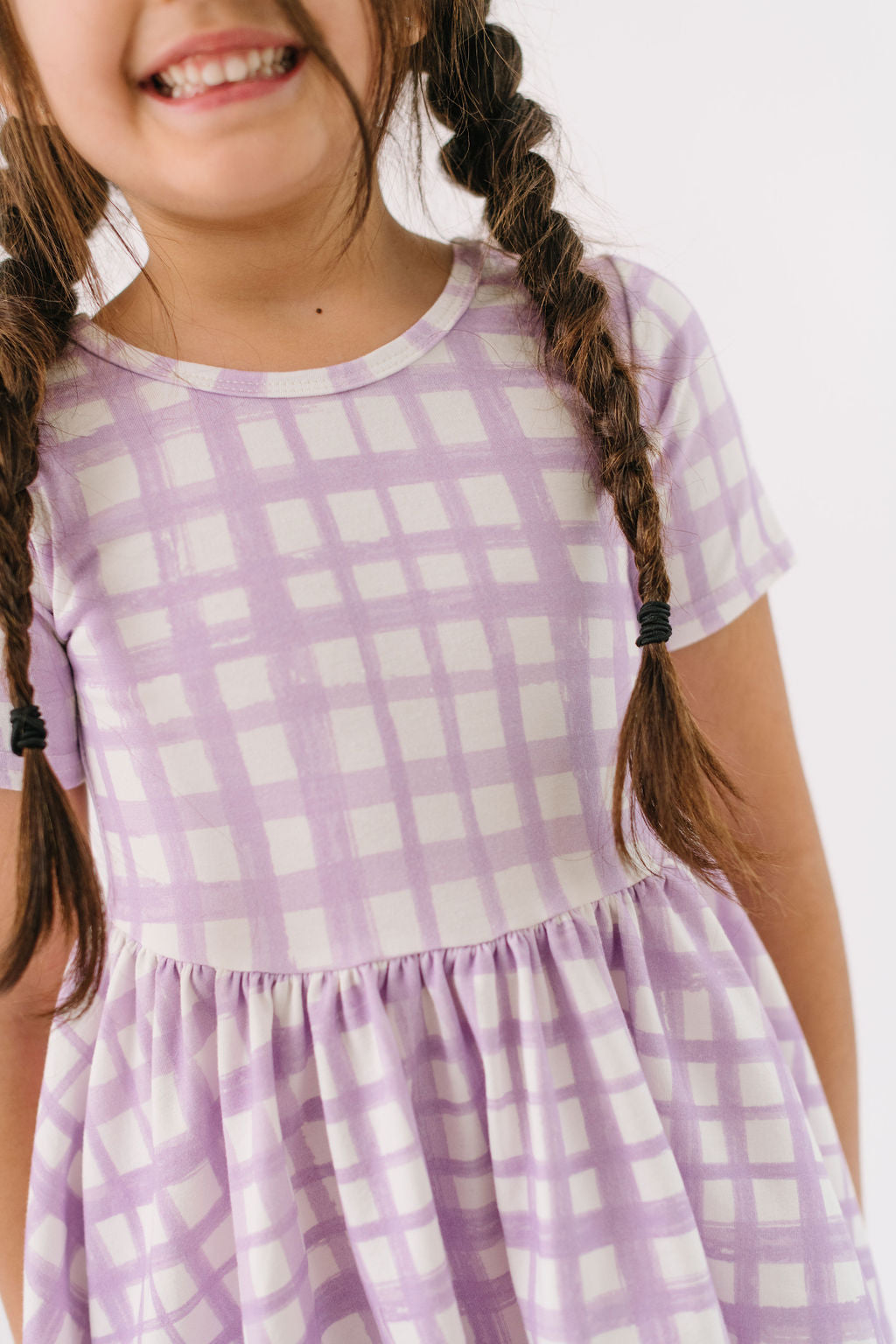 Lavender Watercolor Gingham Short Sleeve Twirly Dress