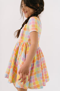 Papaya Plaid Short Sleeve Twirly Dress