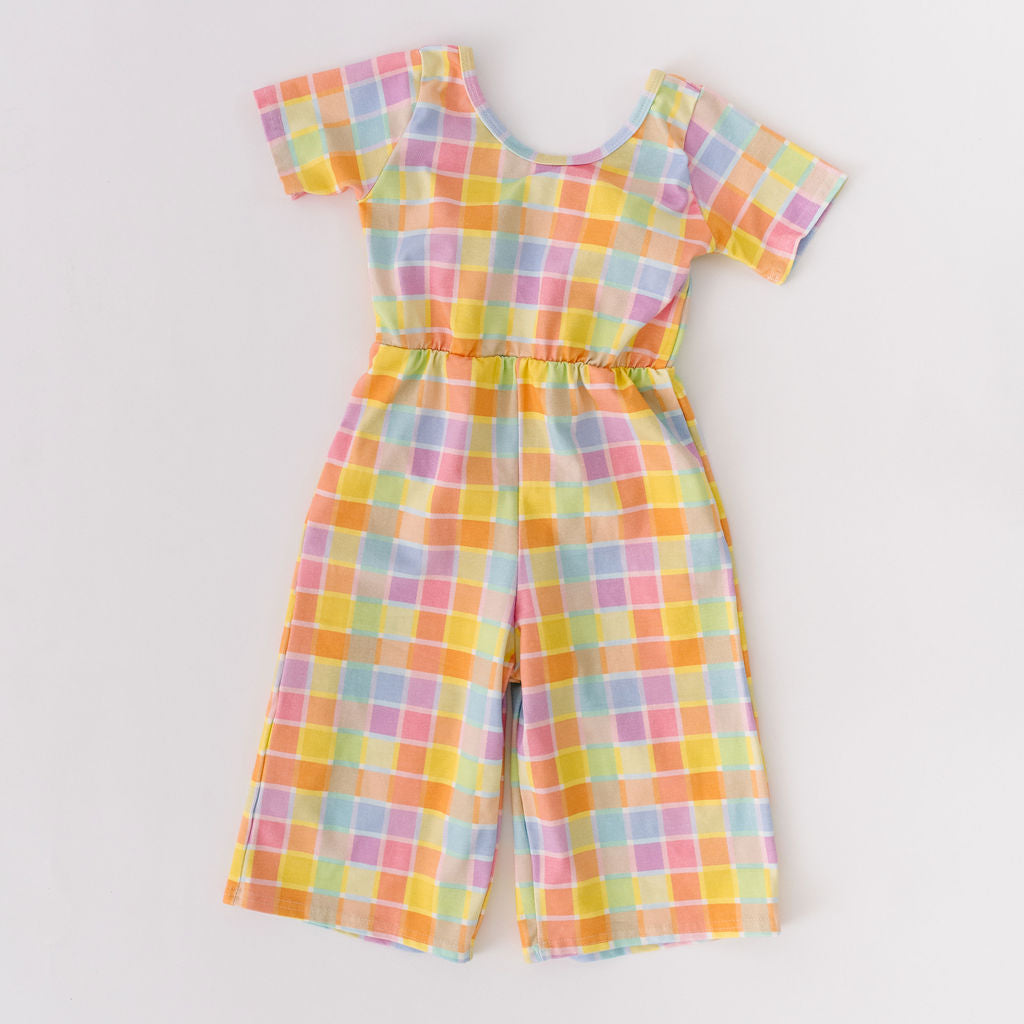 Short Sleeve Papaya Plaid Wide Leg Crop Jumpsuit