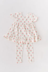 Geo Floral Short Sleeve Ruffle Swing Top