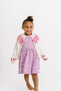 Scattered Hearts in Crocus Petal Purple Three Quarter Sleeve Twirly Dress