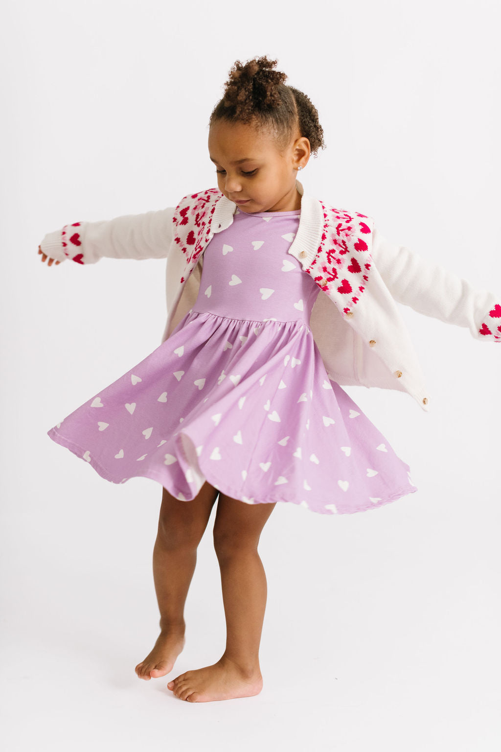 Scattered Hearts in Crocus Petal Purple Three Quarter Sleeve Twirly Dress