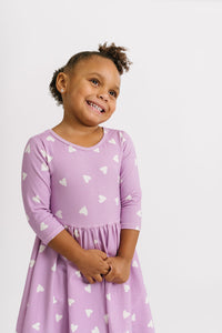 Scattered Hearts in Crocus Petal Purple Three Quarter Sleeve Twirly Dress