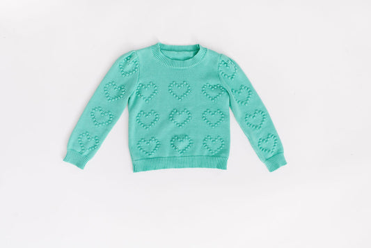 Heart Puff Sleeve Cotton Pullover in Spearmint