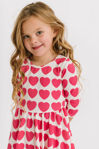 Rose Red Hearts Three Quarter Sleeve Twirly Dress