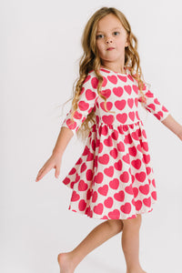 Rose Red Hearts Three Quarter Sleeve Twirly Dress