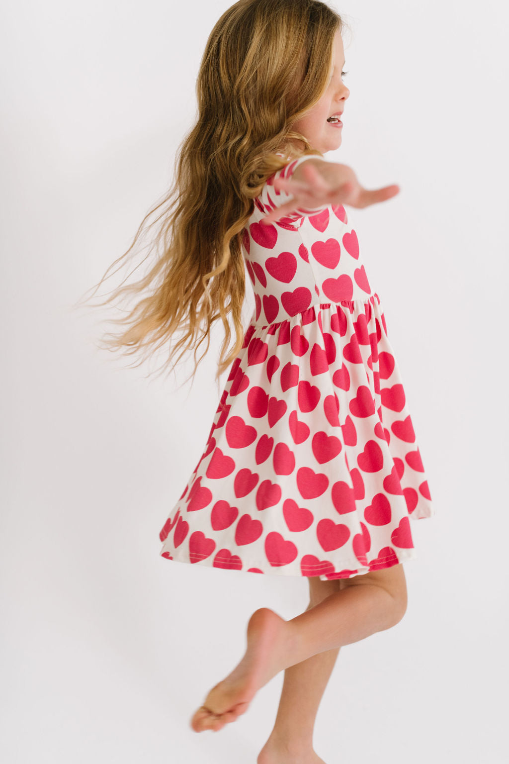 Rose Red Hearts Three Quarter Sleeve Twirly Dress